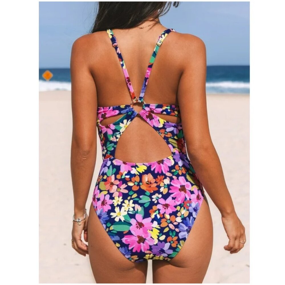 Cupshe Women's Ruffled One Piece Floral Swimsuit V Neck Lace Up Medium NWT - Picture 4 of 10